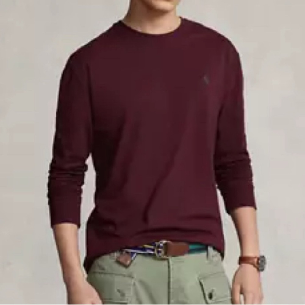Ralph Lauren Burgundy Long Sleeve Pocket Men V Neck Shirt Medium